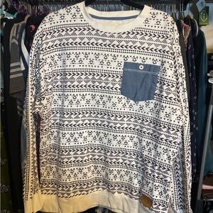 Men's Aztec Patterned Crewneck Sweater with Denim Pocket & Elbow Patches